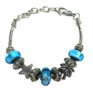 Blue Silver Tone Adjustable Beaded Charm Bracelet Palm Tree Flower Seashell Sea